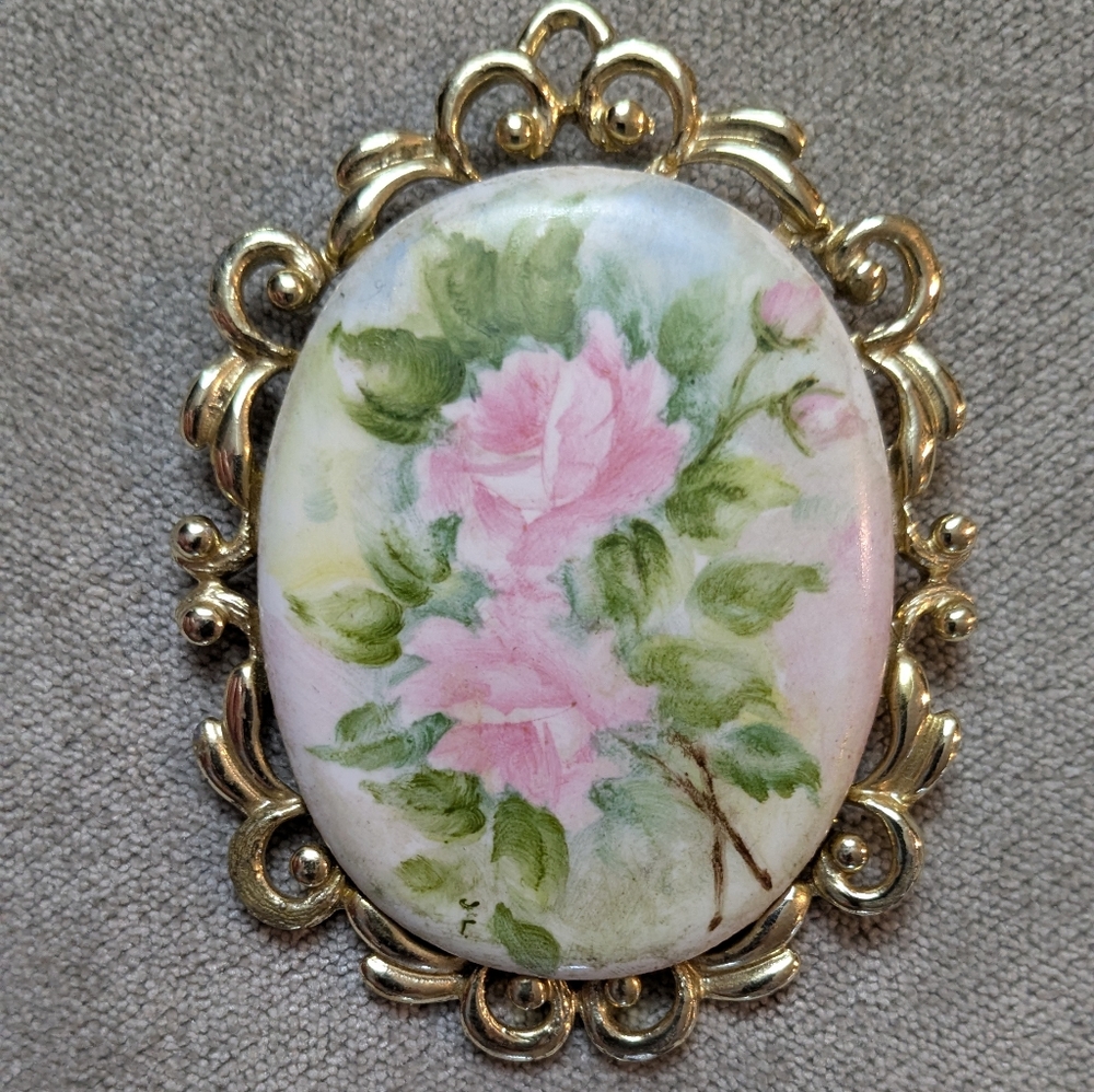 Vintage Hand Painted Brooch Floral Cabbage Roses Signed Pink Gold Tone Pin